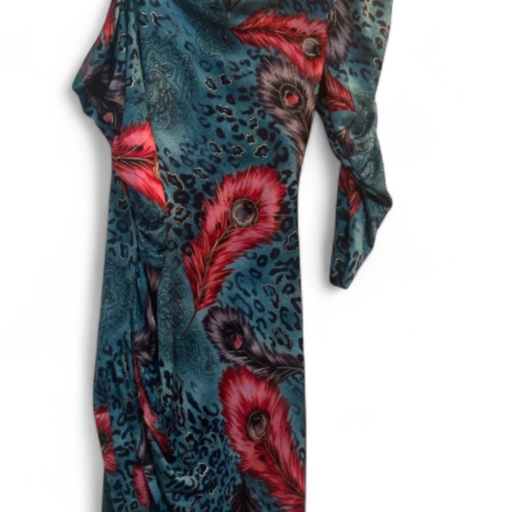 Vintage one shoulder dress with printed pink feathers in a leopard print